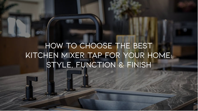 Luxury black kitchen mixer tap on marble countertop with dual sink