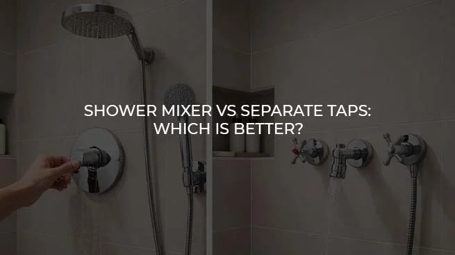 Close-up of a modern chrome shower mixer and bathroom fixtures for a luxury renovation