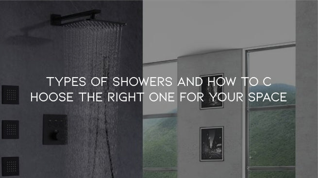 Modern bathroom showing a black square rainfall shower head system with multiple body jets, and a large window in the background.