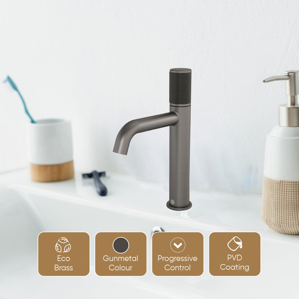 Caroma Elvire Progressive Basin Mixer - Knurled Gunmetal Handle