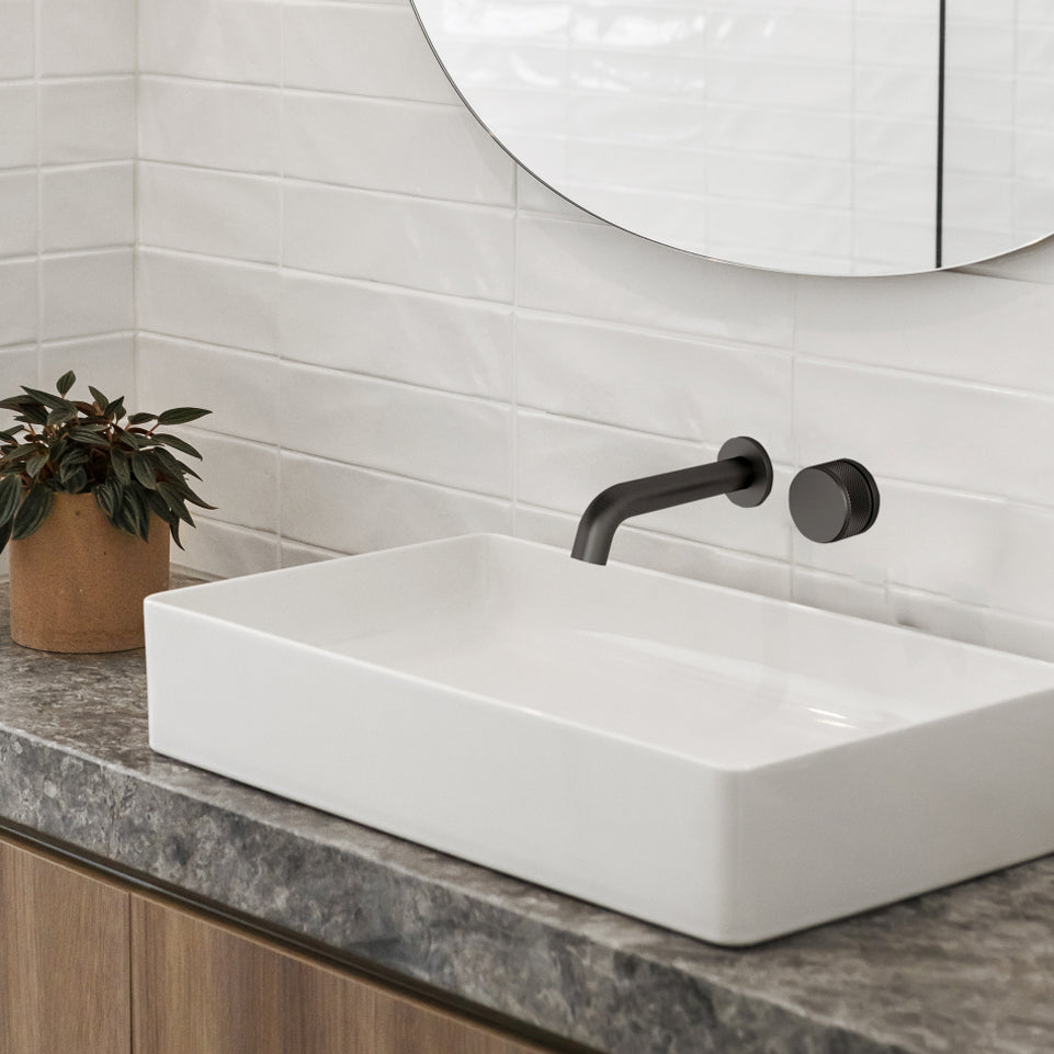 Caroma Elvire Progressive Wall Basin Mixer - Knurled Gunmetal Handle